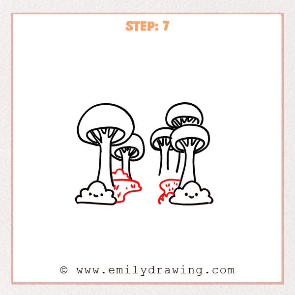how to draw a cartoon forest - Step 7 of a cartoon forest drawing adds two curved ground mounds behind the bushes and decorates them with small dot textures.